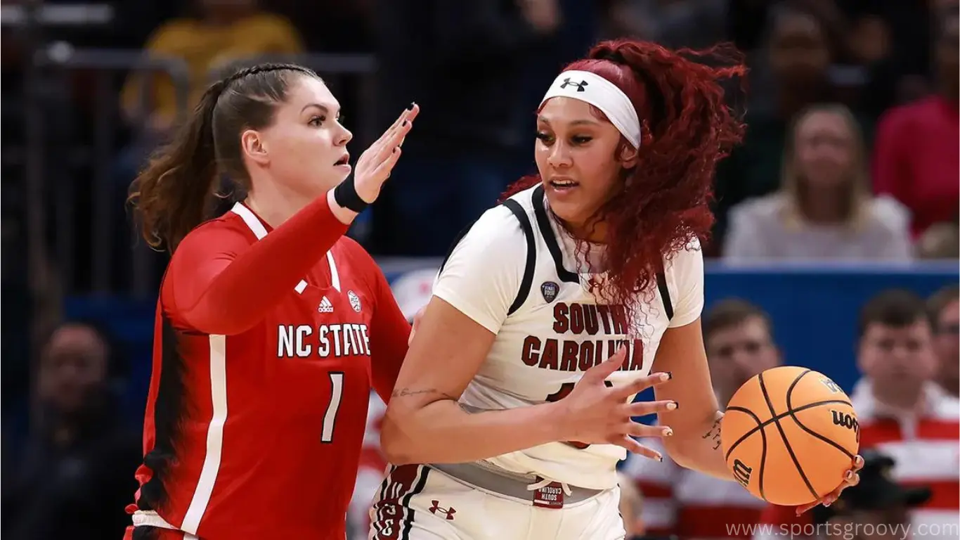 Kamilla Cardoso of the South Carolina Gamecocks works against River Baldwin of the NC State Wolfpack during the NCAA Women's Basketball Tournament Final Four semifinal game at Rocket Mortgage Fieldhouse on April 5, 2024, in Cleveland, Ohio.