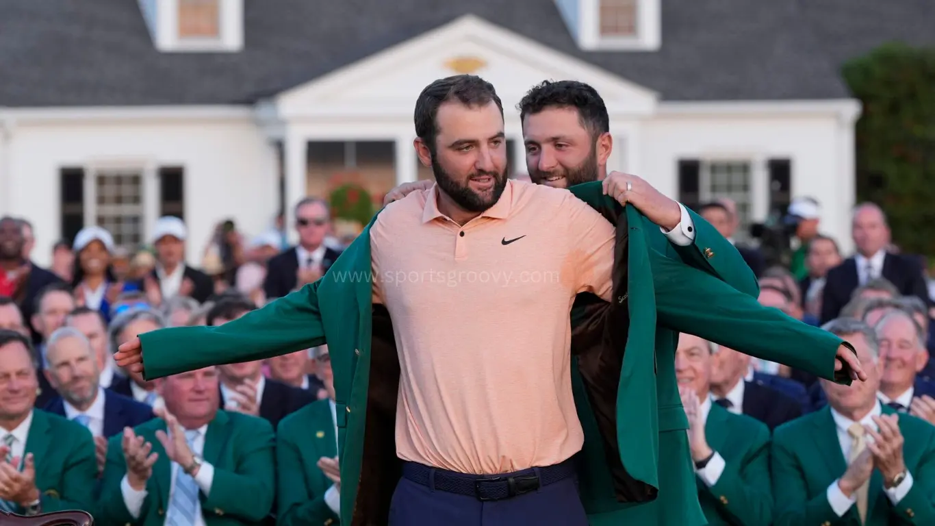 Scottie Scheffler poses with the Masters trophy after the final round of the 2024 Masters Tournament.