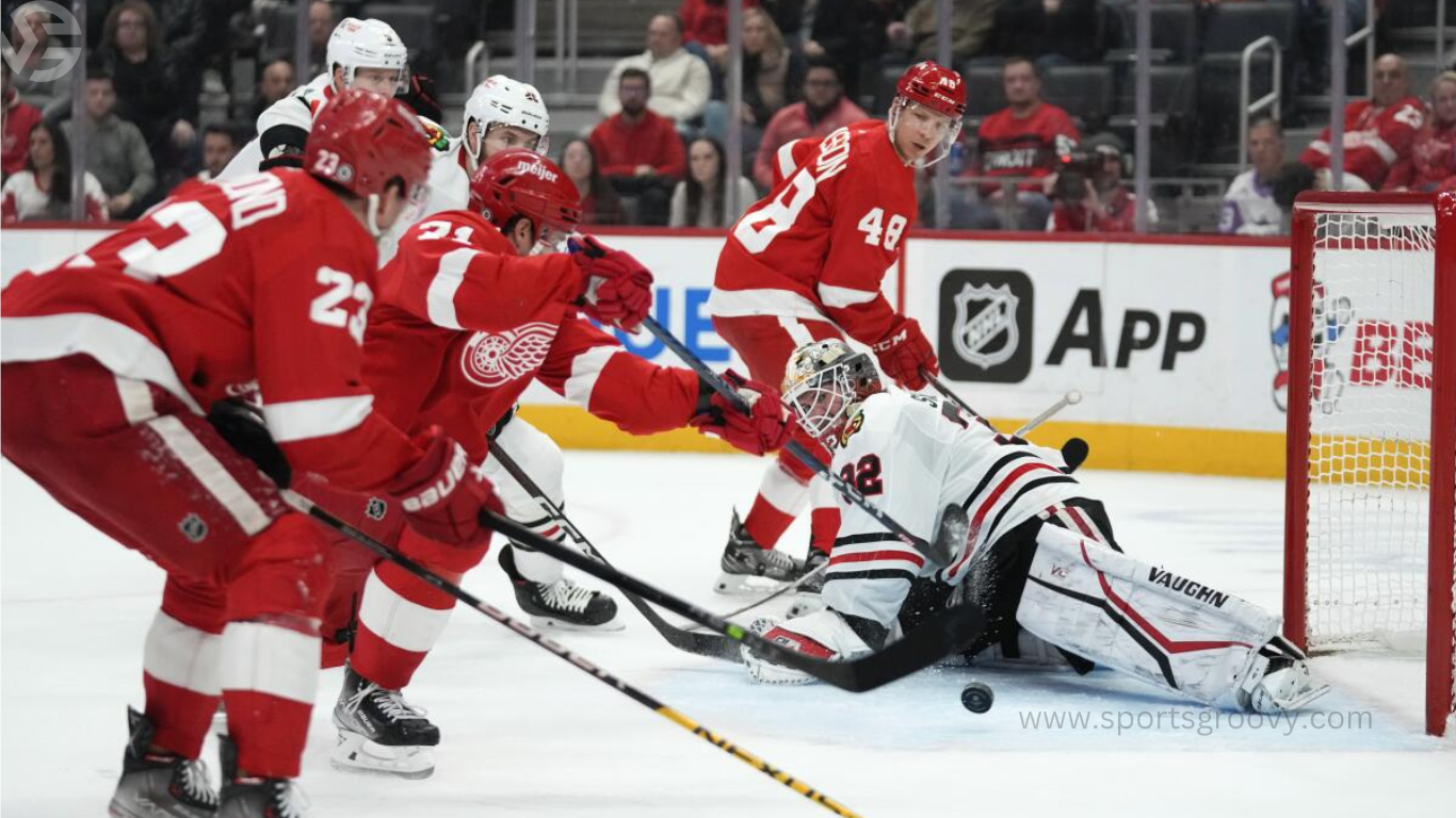 Detroit Red Wings left wing Lucas Raymond (23) celebrates his goal against the Montreal Canadiens in overtime during an NHL hockey game Monday, April 15, 2024, in Detroit.