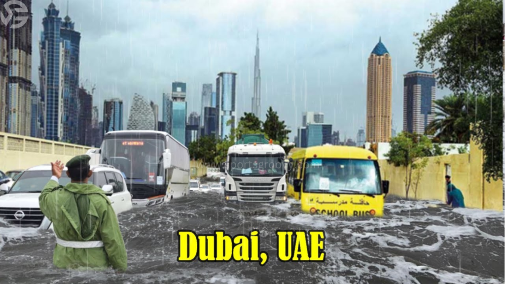 Flood in Dubai. It shows that all traffic drowning in the water due to heavy rain.