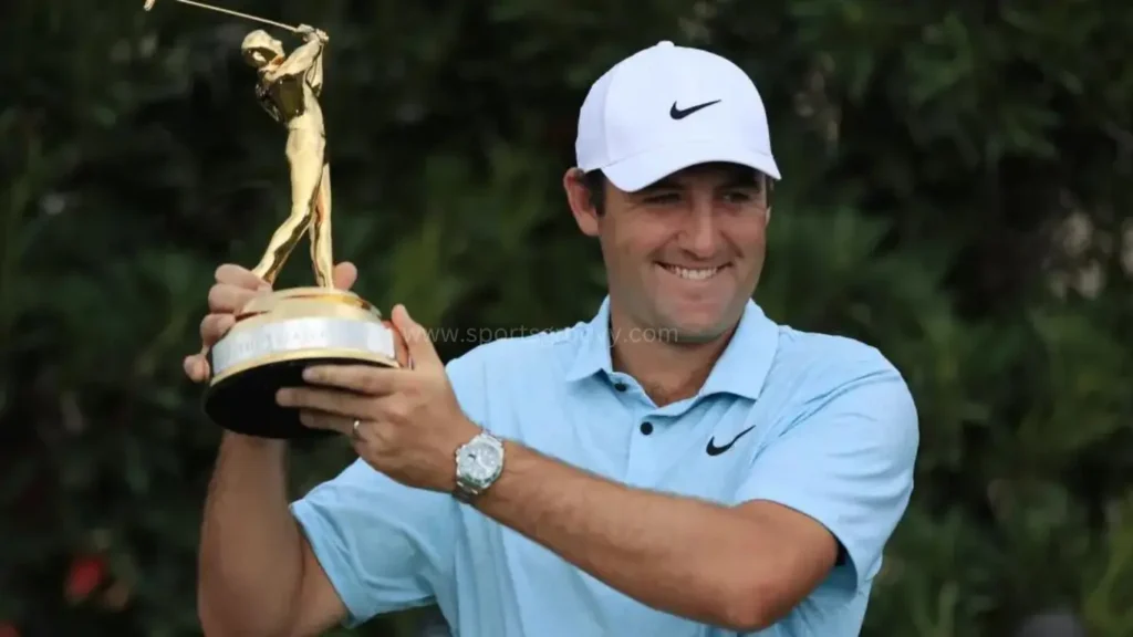 Scottie Scheffler poses with the Masters trophy after the final round of the 2023 Masters Tournament.