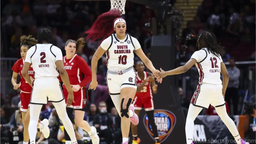 Kamilla Cardoso of the South Carolina Gamecocks works against River Baldwin of the NC State Wolfpack during the NCAA Women's Basketball.