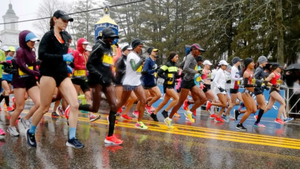 Runners approach the finish line of last year's Boston Marathon.