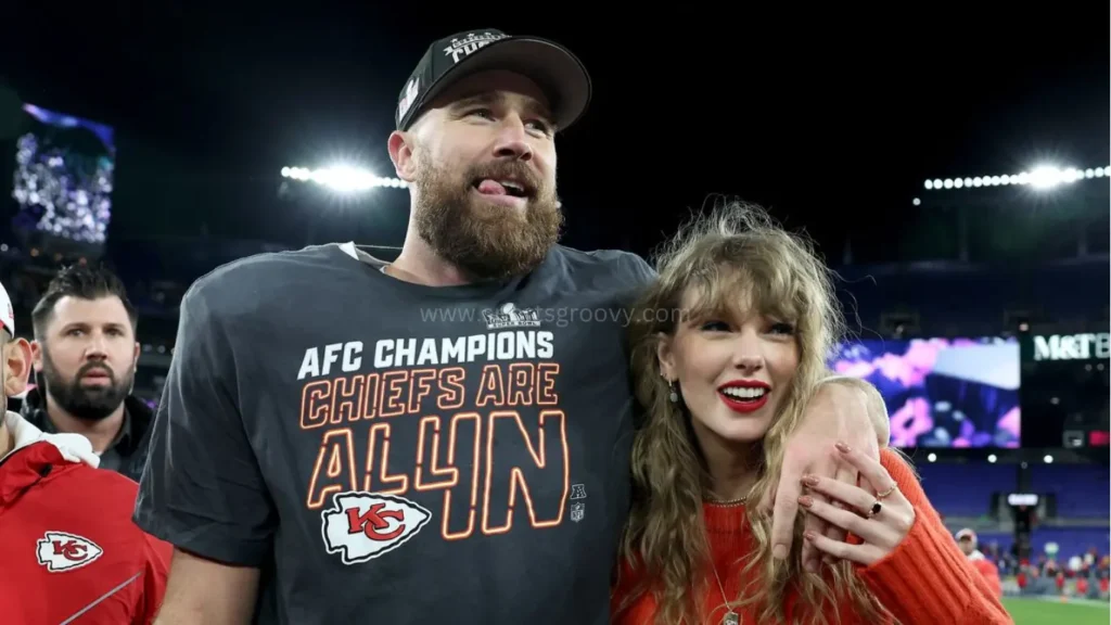 Travis Kelce celebrates with Taylor Swift after the Chiefs defeated the San Francisco 49ers in the Super Bowl on Feb. 11 in Las Vegas.