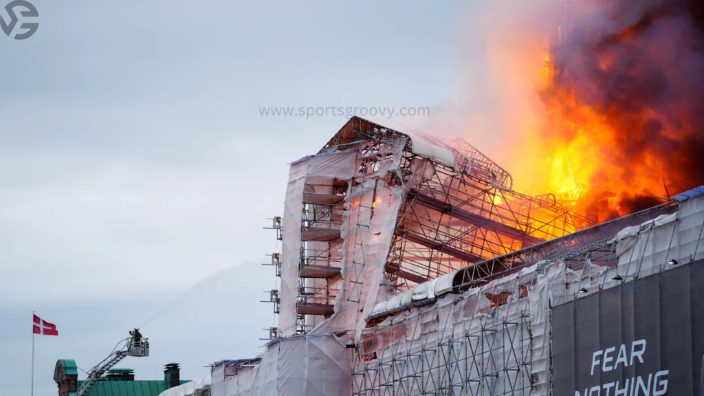 Smoke rising into the sky above central Copenhagen.