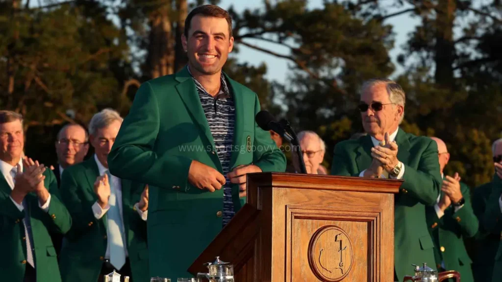 Scottie Scheffler poses with the Masters trophy after the final round of the 2022 Masters Tournament after getting his first green Jacket.