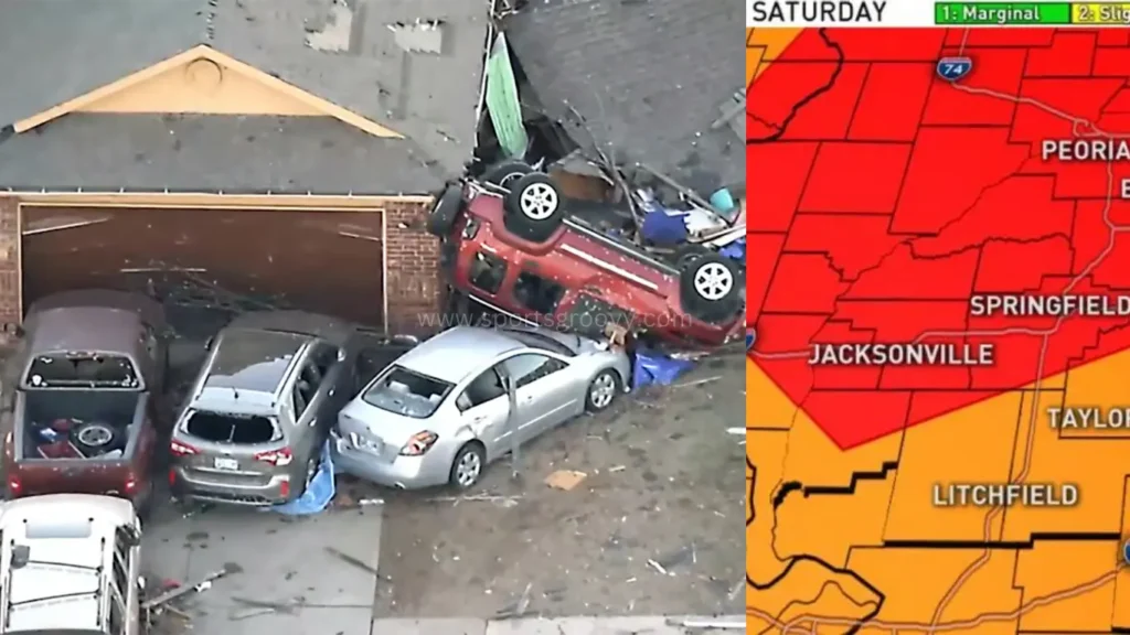 In the right side it could be seen the weather map where tornado hit. While on the other side, some cars are destroyed due to tornado.