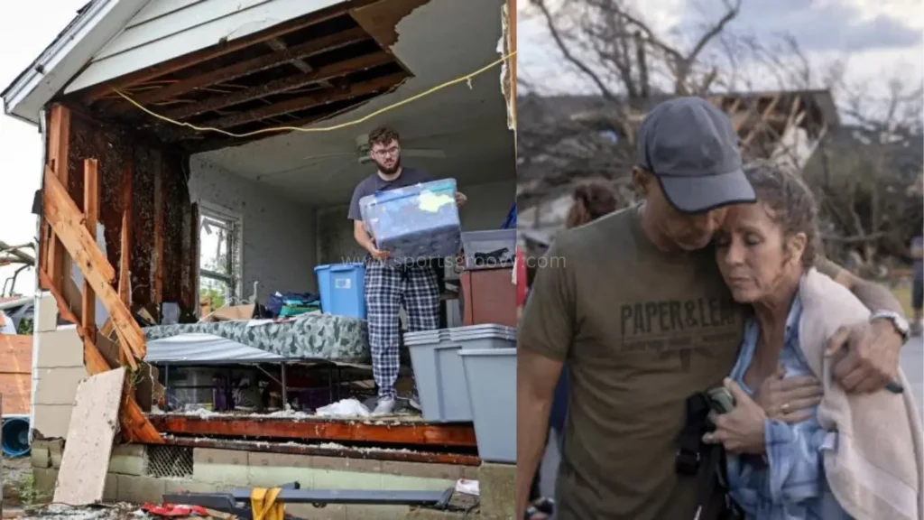 In right side, a family is crying who lost their house in tornado. While other side, a man collect his usable things from destroyed house.