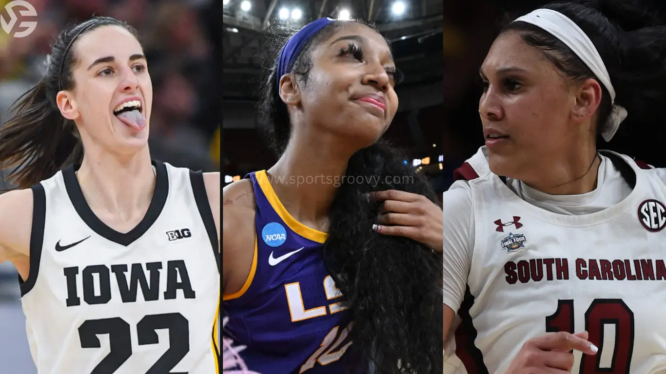 From left, former Iowa guard Caitlin Clark, former LSU forward Angel Reese and former Stanford forward Cameron Brink.