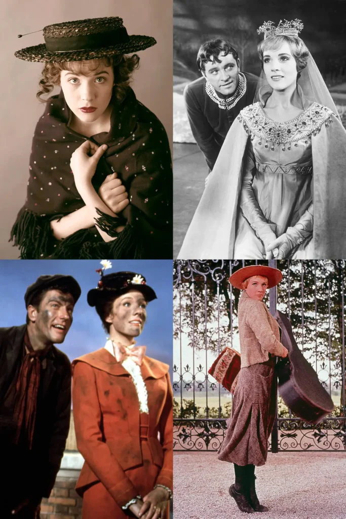 Clockwise from top left: Julie Andrews in the Broadway production of "My Fair Lady"; with Richard Burton in "Camelot"; as Maria in "The Sound of Music"; and with Dick Van Dyke in "Mary Poppins."