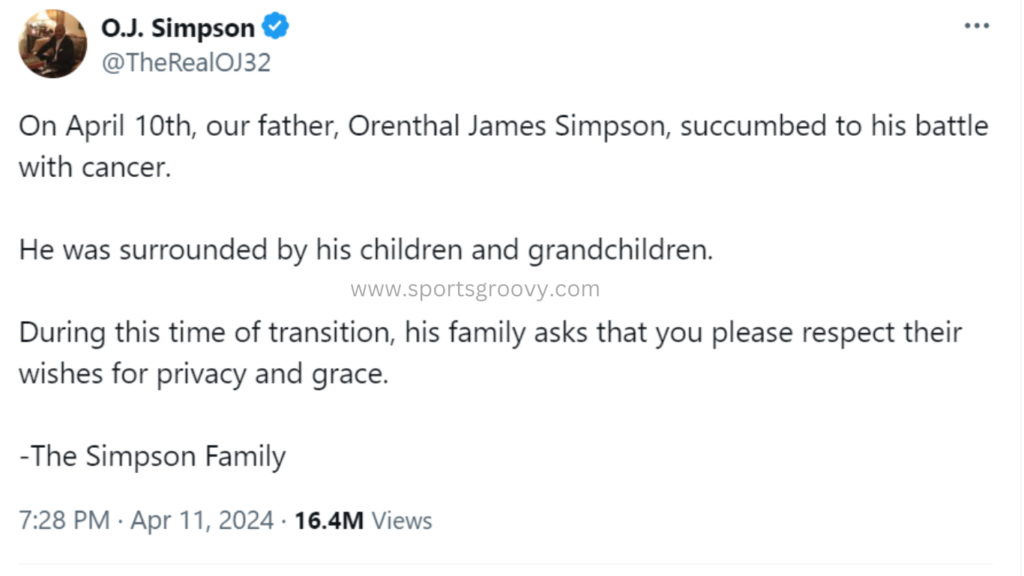 O.J. Simpson's family use his X social media platform to inform his death.