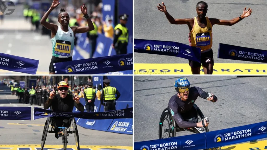 The first four winners of the 2024 Boston Marathon. Clockwise from top left: Hellen Obiri, Sisay Lemma, Eden Rainbow-Cooper and Marcel Hug. All marathon winners in one frame.