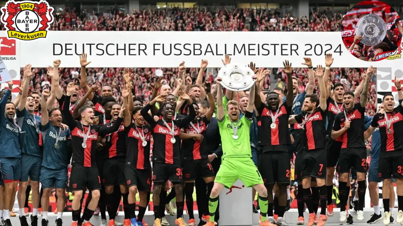 Bayer Leverkusen cheering their moments after winning the season with trophy.