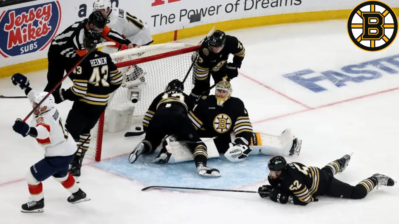 Florida Panthers’ Sam Bennett celebrates scoring on Boston Bruins goaltender Jeremy Swayman during the 3rd period of Game 4 of the second round of the Stanley Cup playoffs at the TD Garden.