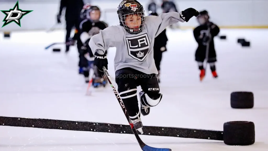 A kid is playing a shoot of ice Hockey in Mexico City.