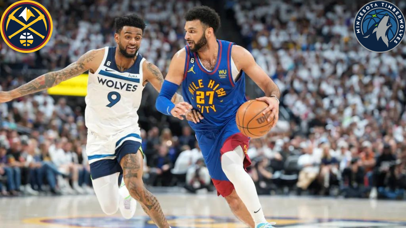 Anthony Edwards (5) of the Minnesota Timberwolves reacts to fouling Jamal Murray (27) of the Denver Nuggets during the second quarter at Target Center in Minneapolis, Minnesota on Friday, May 10, 2024.