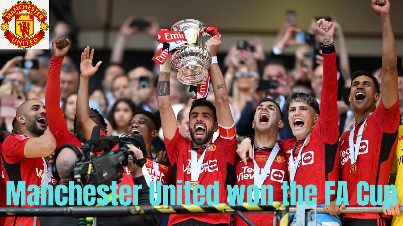 After clinching victory in the English FA Cup final soccer match, Manchester United's players jubilantly celebrate with the trophy at Wembley Stadium in London on Saturday.