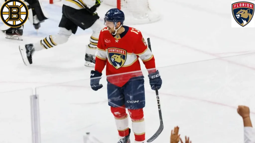 Florida Panthers center Sam Reinhart-13 smiles after scoring a goal during the second period of Game 5 of a second round Stanley Cup Playoff series on Tuesday, May 14, 2024.