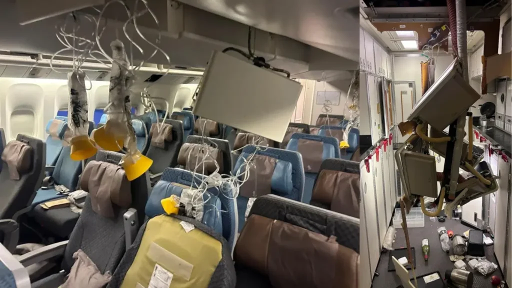 
The interior of Singapore Airlines flight SQ321 after incident.