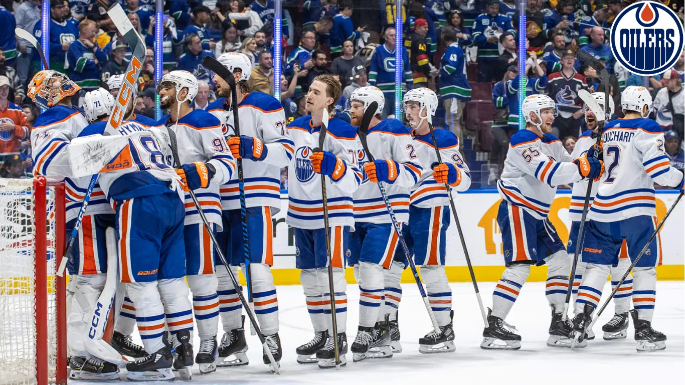 Oilers team cheering their moment.