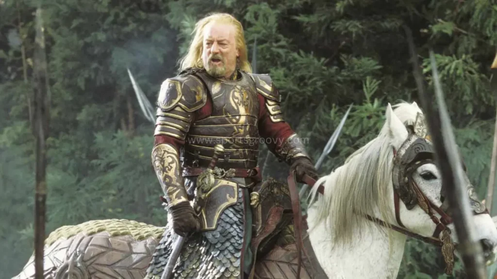 Bernard Hill sitting on horse during a film shooting.