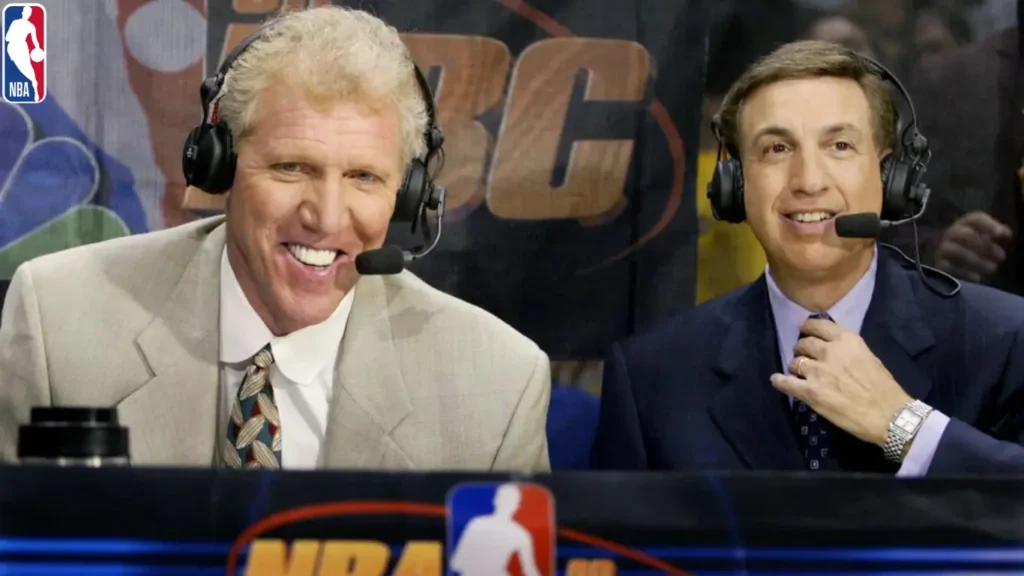 Before the start of Game 4 of the NBA Finals in East Rutherford, New Jersey, on June 12, 2002, NBC basketball announcers Bill Walton and Marv Albert pose for a photo.