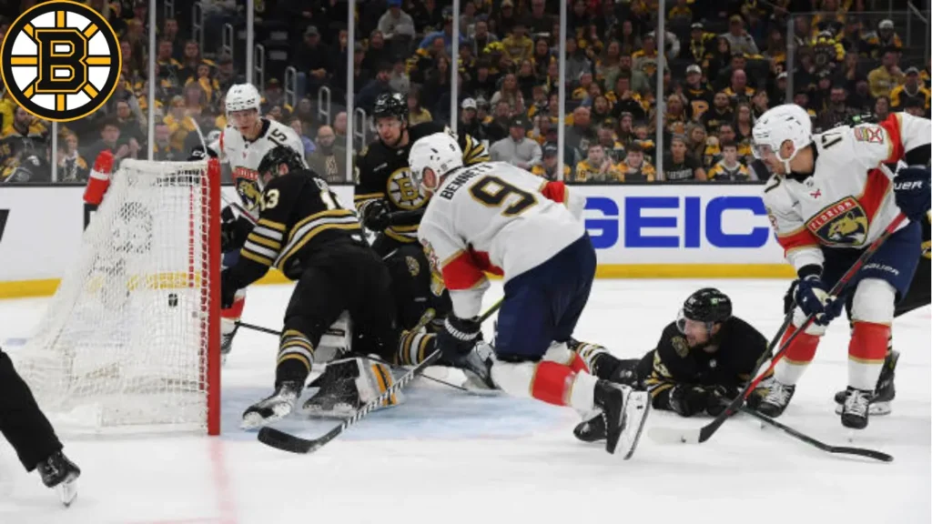 Sam Bennett #9 of the Florida Panthers celebrates his third-period goal against the Boston Bruins in Game Four of the Second Round of the 2024 Stanley Cup Playoffs at the TD Garden.