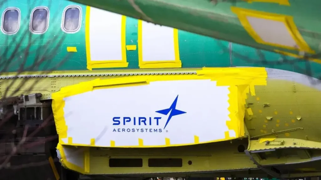 Spirit AeroSystems signage near a Boeing aircraft fuselage outside the Boeing manufacturing facility in Renton, Wash., on Jan. 7, 2024.