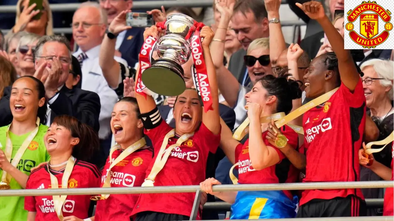 Manchester United’s Katie Zelem lifted the trophy after winning the Women’s FA Cup final soccer match between Manchester United and Tottenham Hotspur at Wembley Stadium in London, Sunday, May 12, 2024. Manchester United won 4-0.