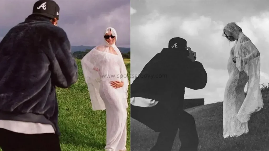 Justin and Hailey Bieber, wearing Saint Laurent by Anthony Vaccarello, are pictured during their vow renewal ceremony in Hawaii on May 9, 2024.