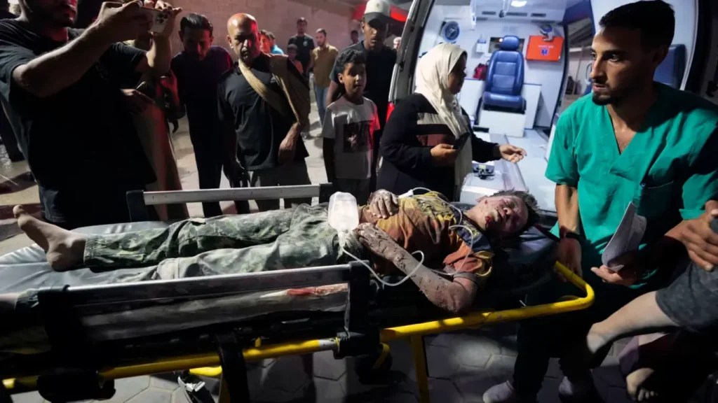 On Sunday, an injured Palestinian is transported to a hospital in Deir al Balah, located in the central Gaza Strip.