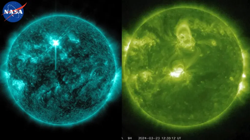 NASA’s Solar Dynamics Observatory captured this image of a solar flare in extreme ultraviolet light on May 2. The flare is the bright flash toward the upper middle area of the sun.