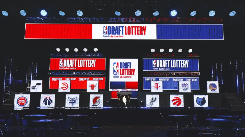 NBA Draft Lottery stage with ambassador's boards.