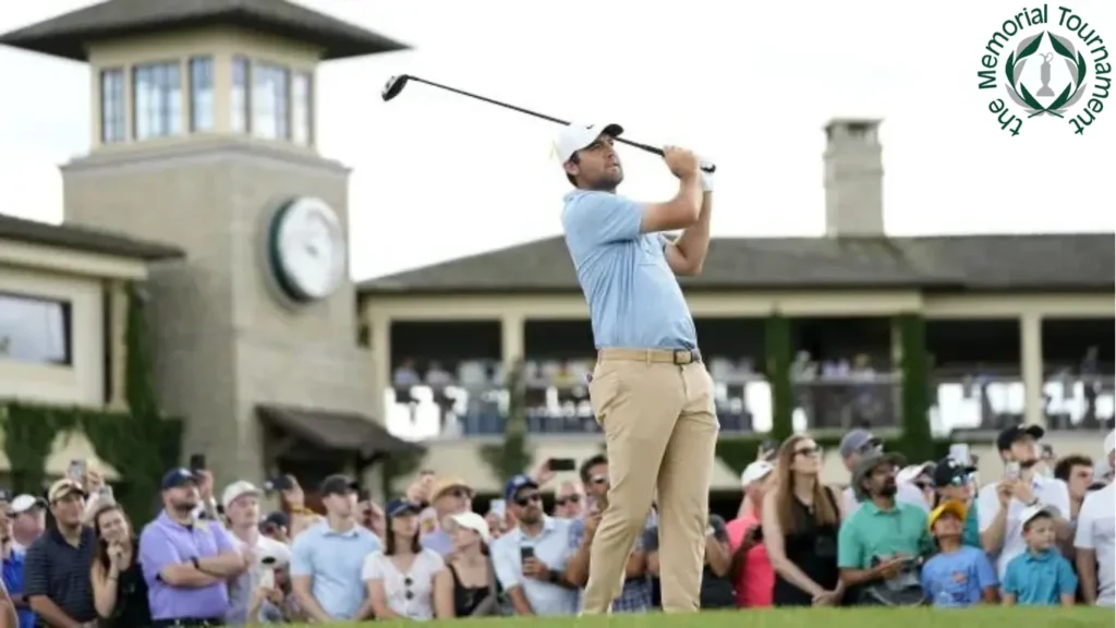 Scottie Scheffler putt to hole at 5th PGA tour at Memorial Tournament.