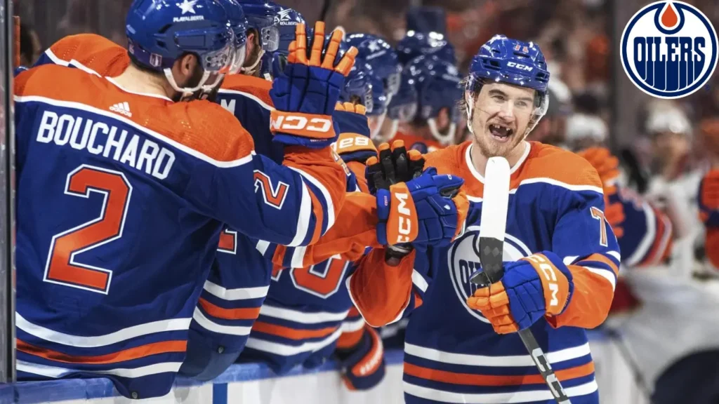 Ryan McLeod of the Edmonton Oilers scores against the Florida Panthers in Game 6 of the Stanley Cup Final, June 21, 2024, in Edmonton, Alberta, as the Oilers win 5-1 to tie the series.