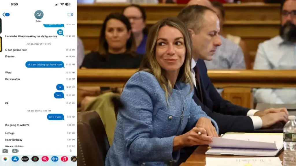 Defendant Karen Read listens as her lawyer, Alan Jackson, cross-examines state police crime lab scientist Christina Hanley about glass fragments found at 34 Fairview Rd., during the trial at Norfolk Superior Court in Dedham, Mass. on June 5, 2024.