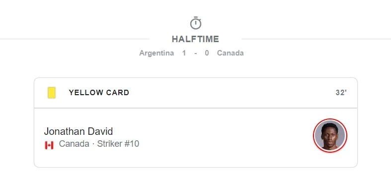 Scoreline: At halftime, Argentina is leading with a score of 1-0 against Canada.